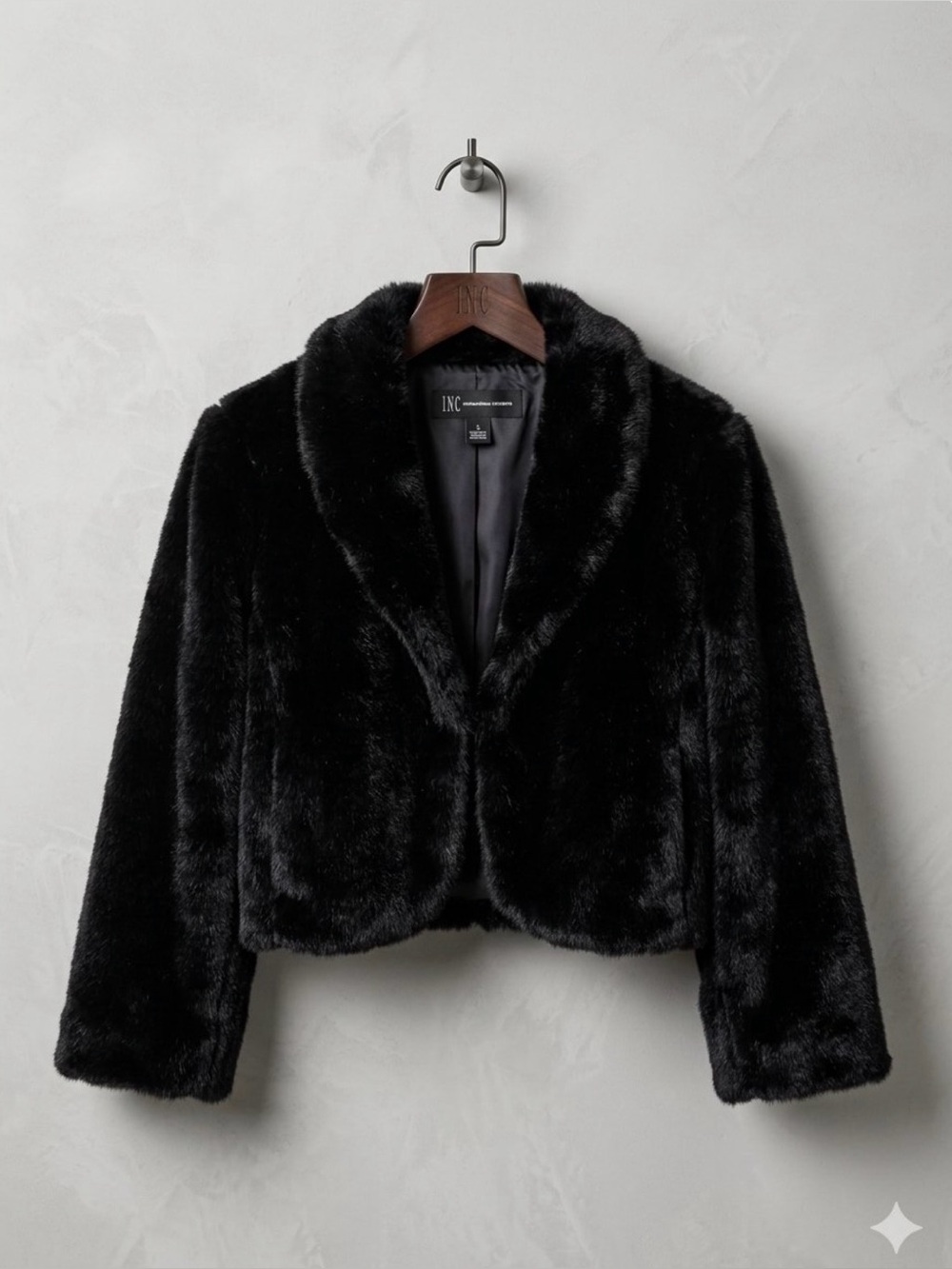INC International Concepts Black Faux-Fur Cropped Jacket